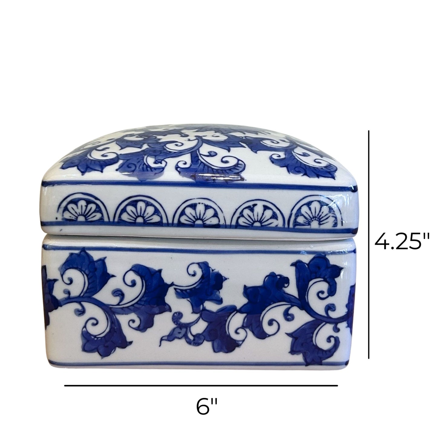 6 inch Square Ceramic Blue and White Floral Box with Lid