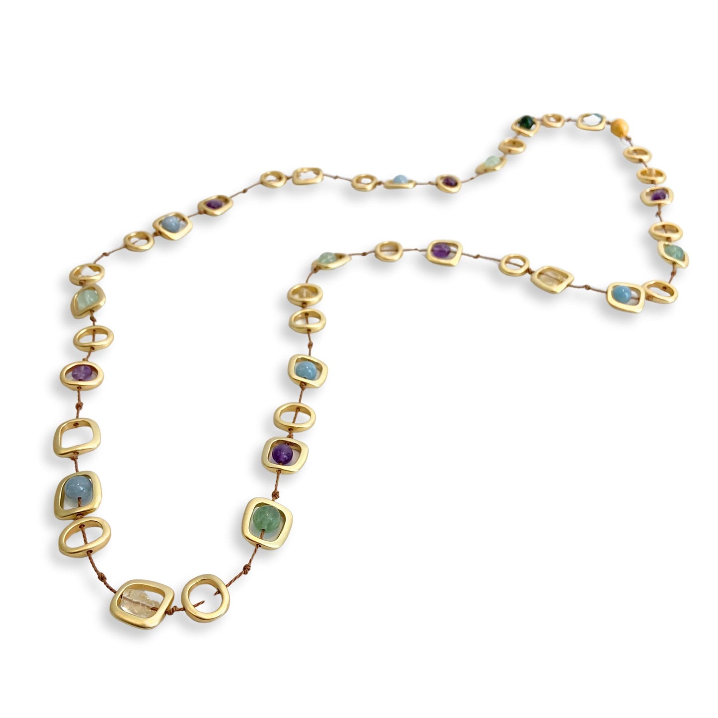 Gold Long Brushed Gold Necklace with beads sea lily