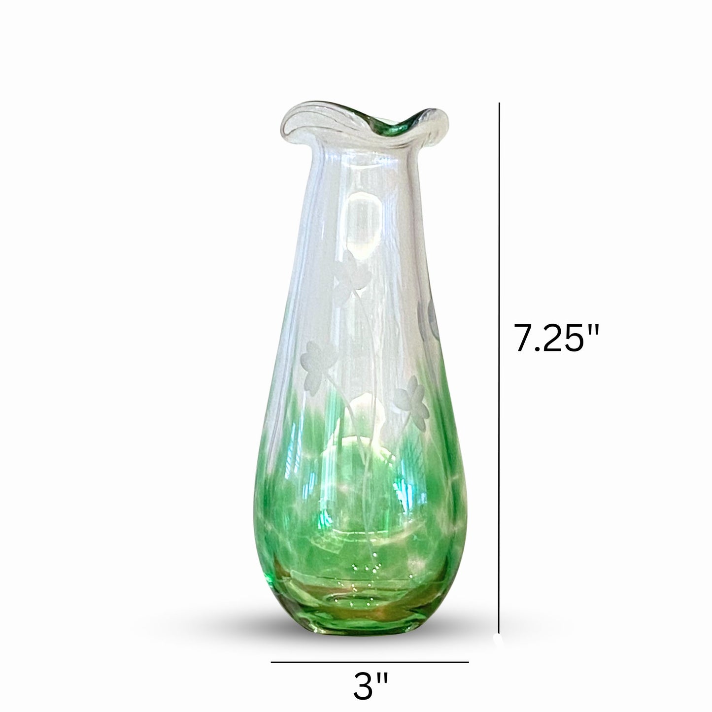 Green Shamrock engraved Fluted Vase Irish Handmade Glass