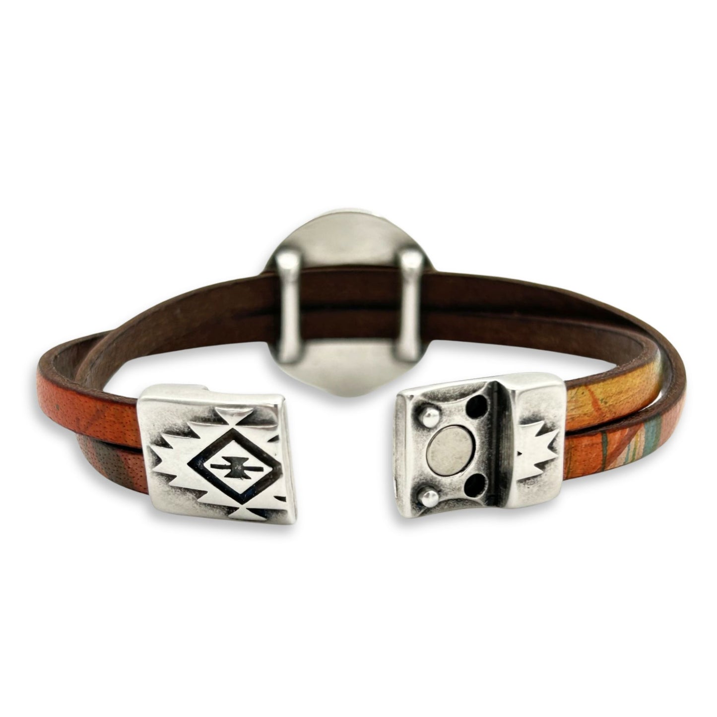 Leather Silver Concho Bracelet - Multicolored Magnetic Closure