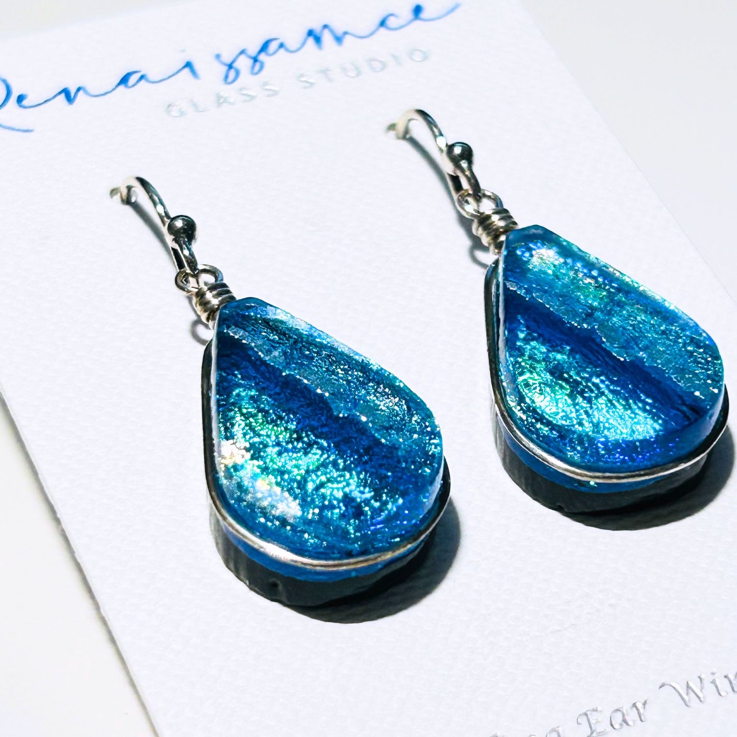 Lotus Earring with Dichroic Glass in Turquoise Blue