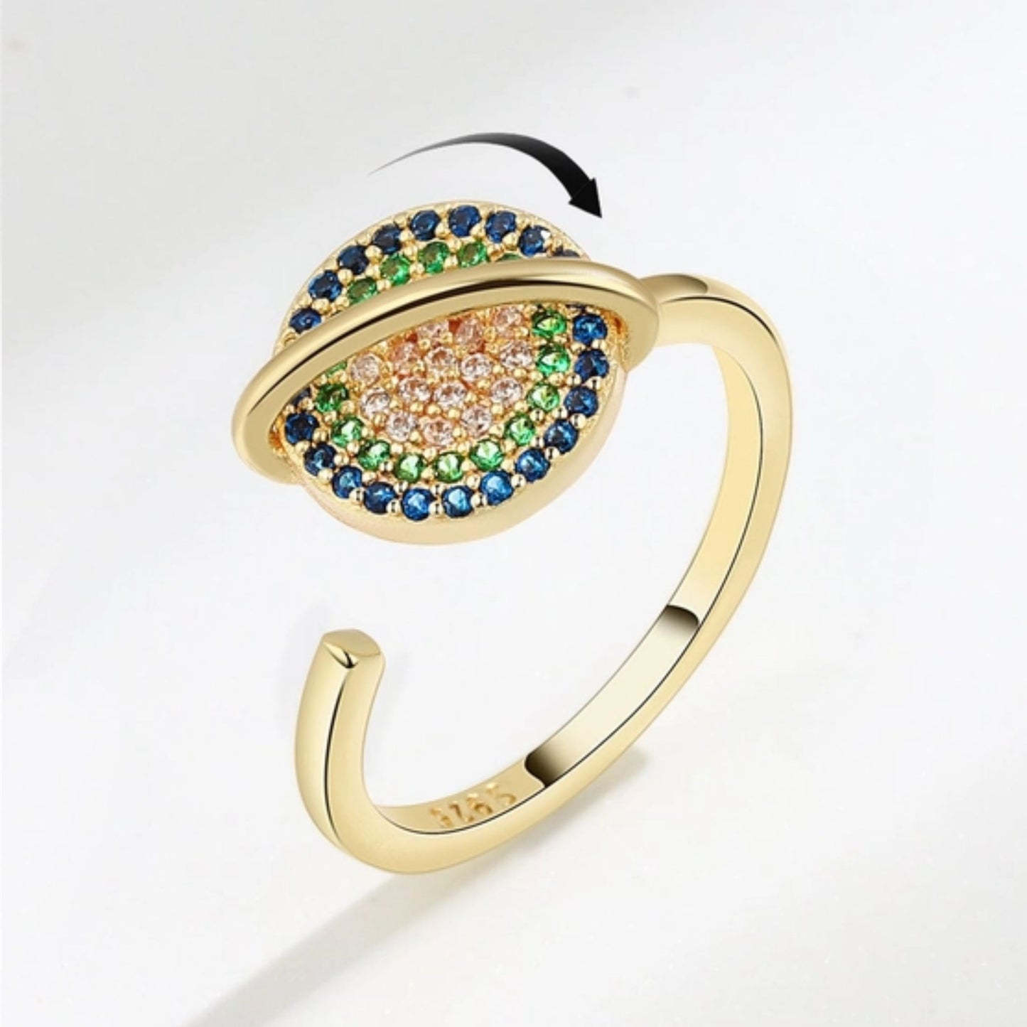 Saturn Fidget Planet Spinner ring Gold with green and navy gems