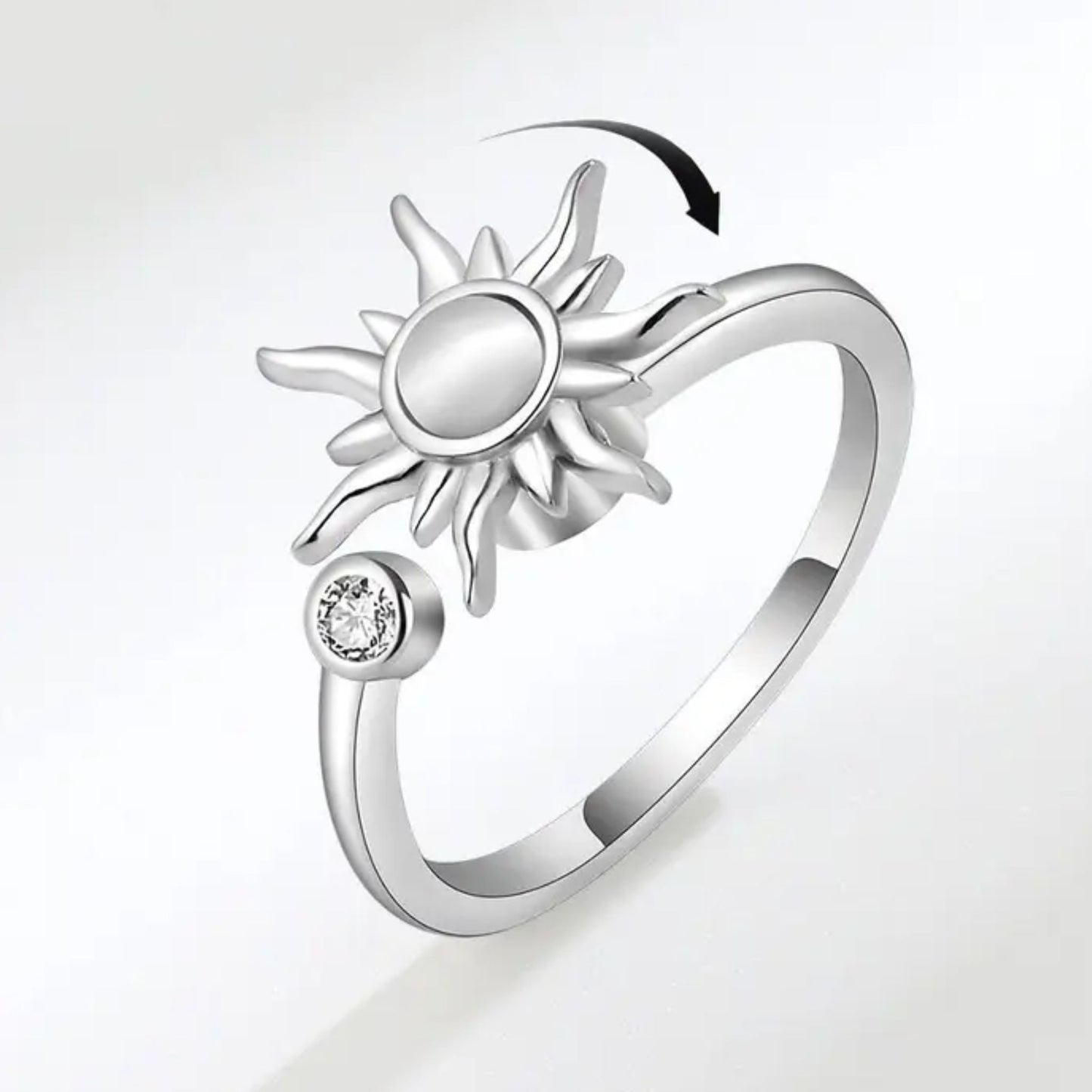Silver sun spinner fidget ring for anxiety