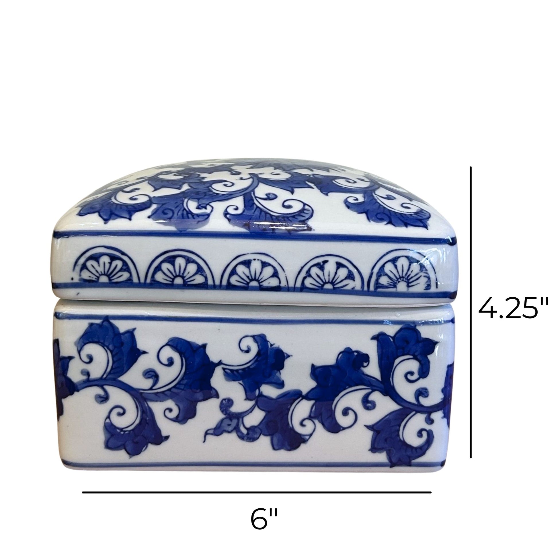 6 inch Square Ceramic Blue and White Floral Box with Lid
