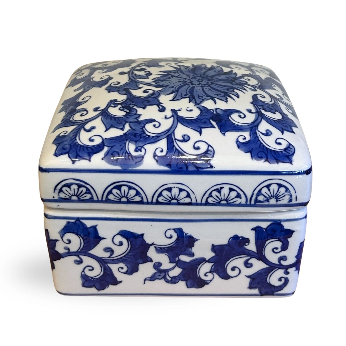 Blue and White Chinoiserie Lotus Box with Cover