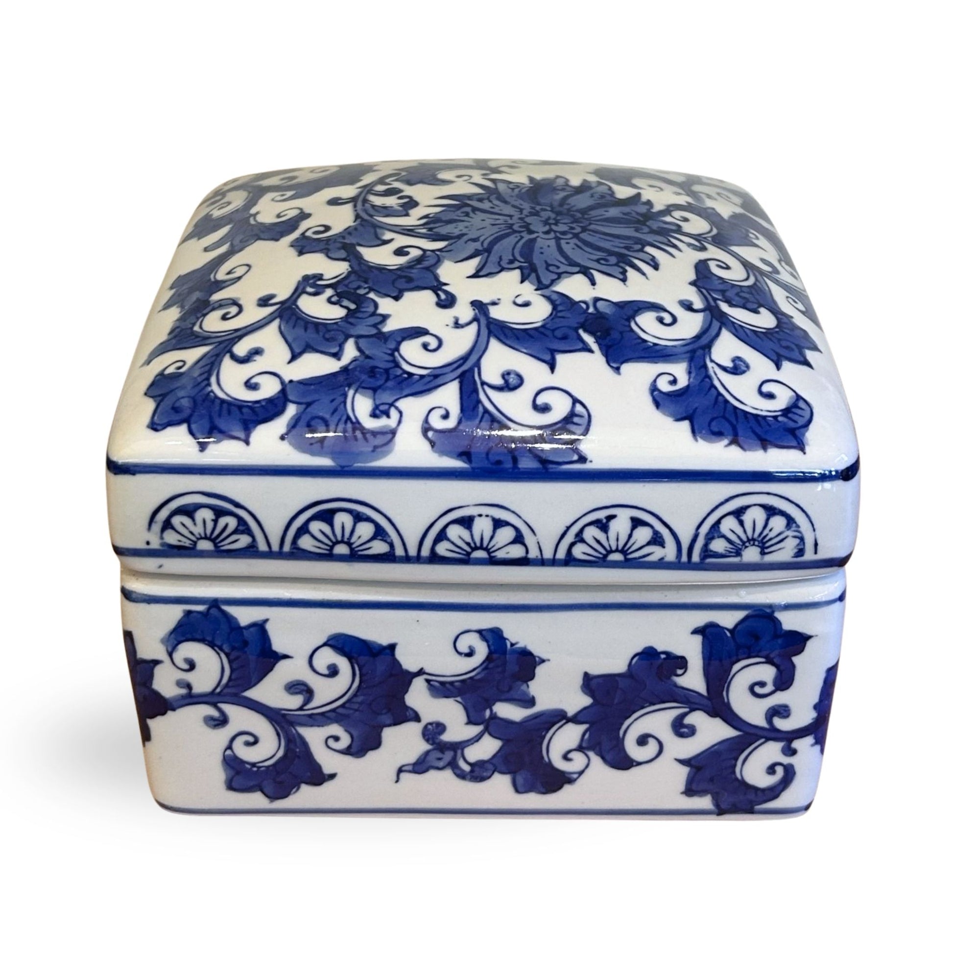 Blue and White Chinoiserie Lotus Box with Cover