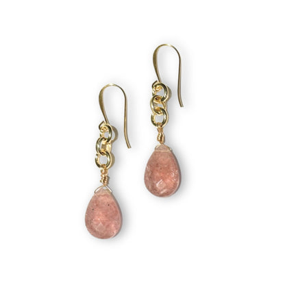Catherine Medici Briolette Gold Earrings - Strawberry Quartz