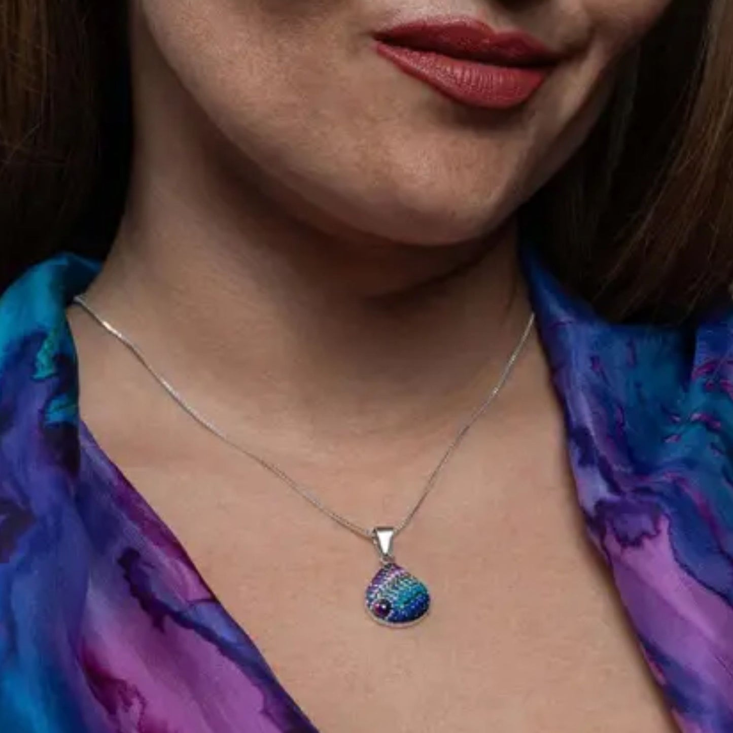 Crystal Silver Petite Dew Drop Pendant Necklace Pink and Blue Mosaico