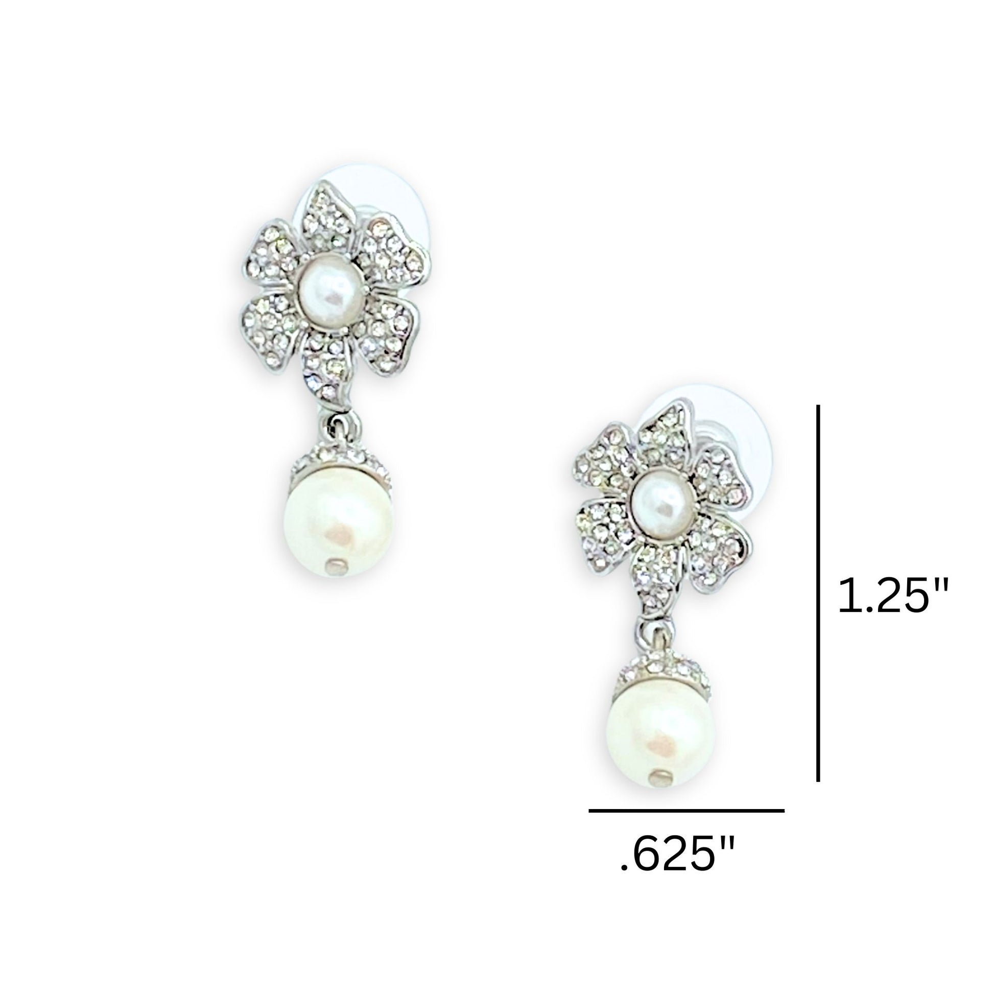 Earrings Pave Flower Post w Glass Pearl Drop White