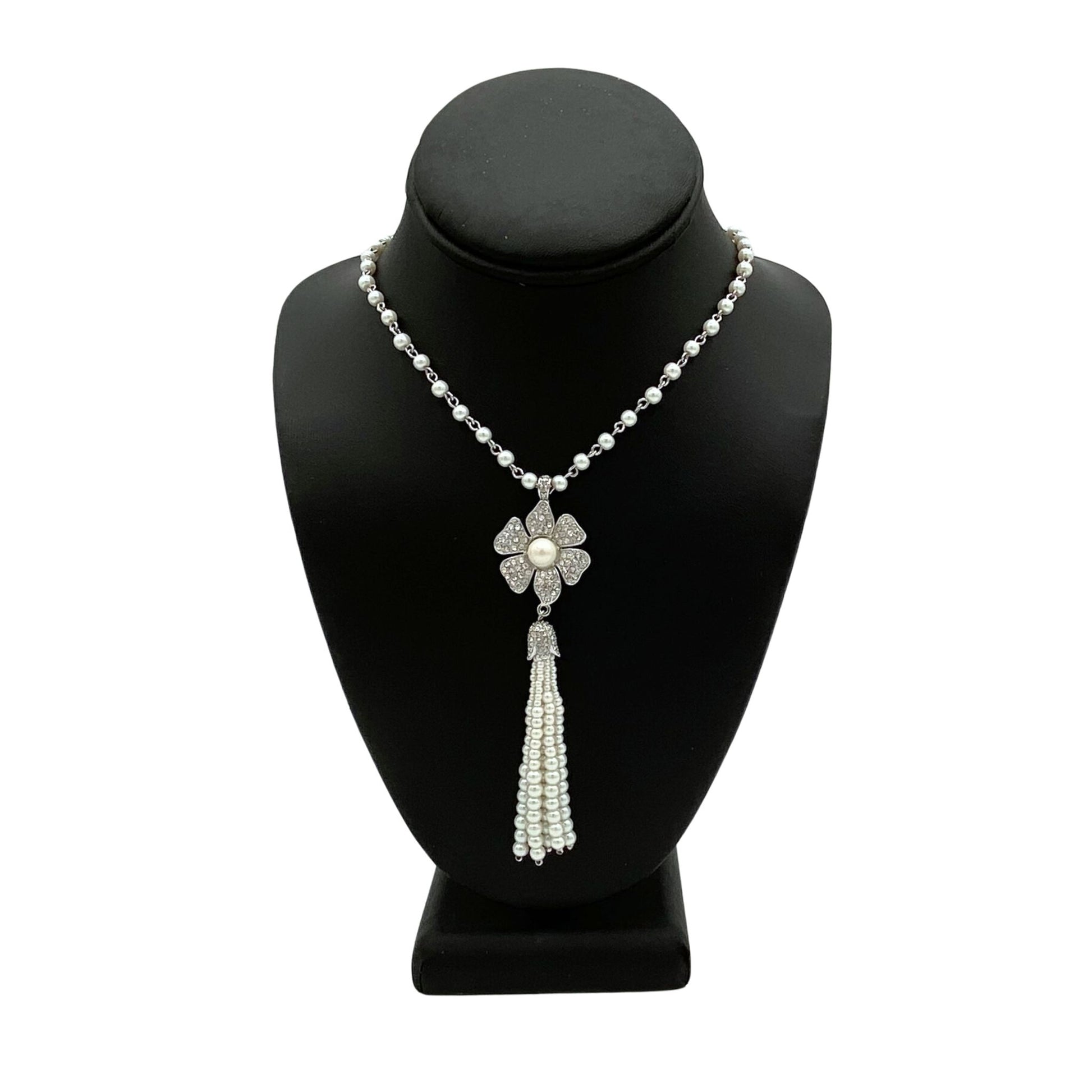 Glass Pearl Long necklace with flower tassel