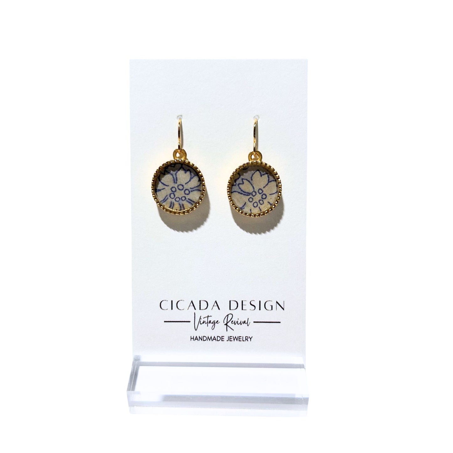 Gold Earrings with Blue Liberty of London Design in Capel