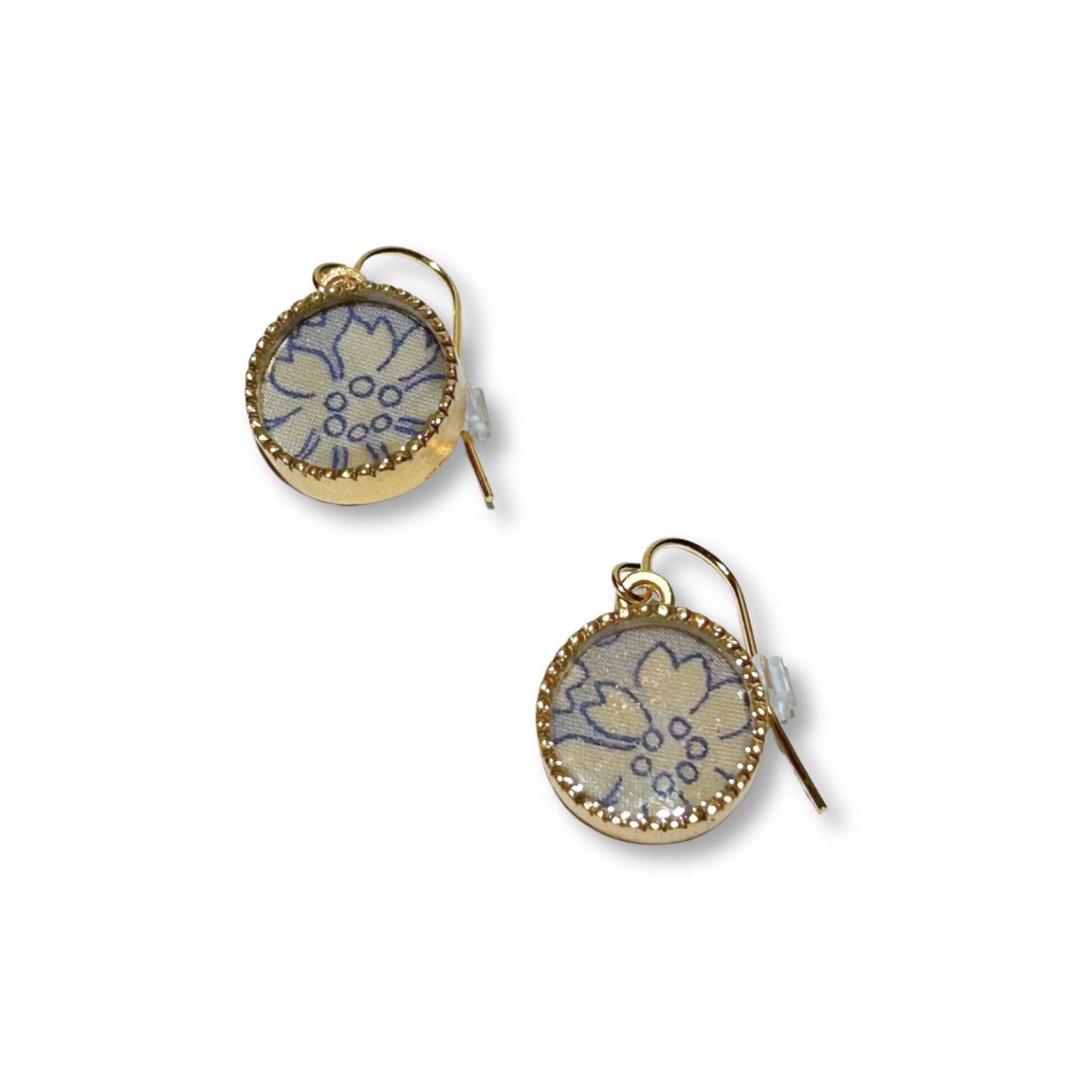 Gold Earrings with Liberty of London Blue Fabric Design