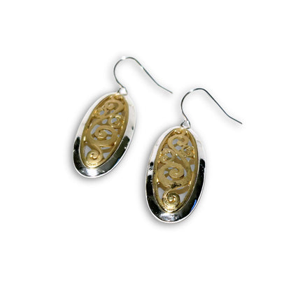 Gold and Silver Oval Swirl Design Drop Earrings