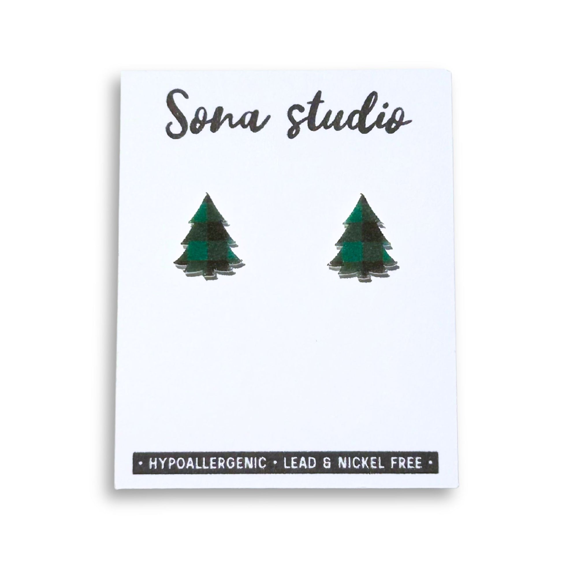 Green Plaid Christmas Tree Earrings