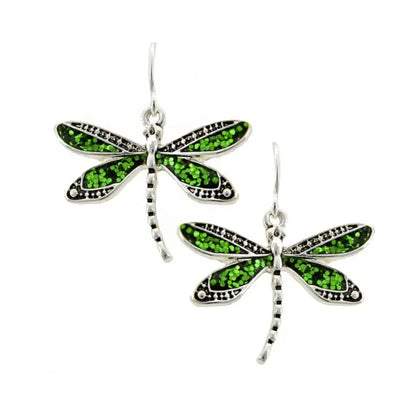 Green and Antique Silver Dragon Fly Earrings