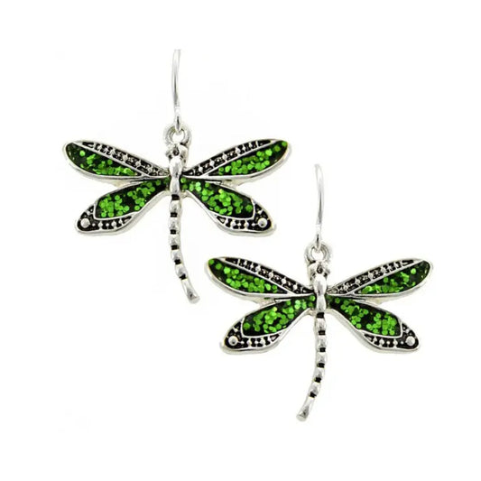 Green and Antique Silver Dragon Fly Earrings