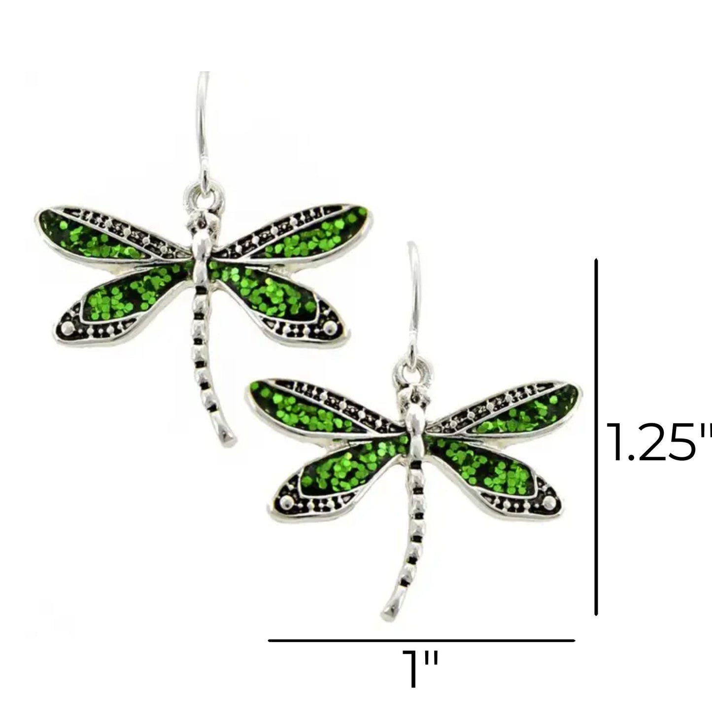 Green and Antique Silver Dragonfly drop Earrings