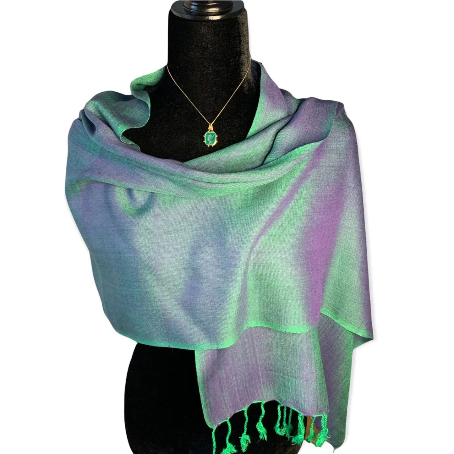 Handmade viscose scarf or shawl green and purple shimmer