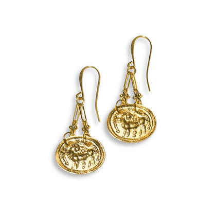 Hydna of Scione 18 Karat gold-plated drop style griffin pendant earrings