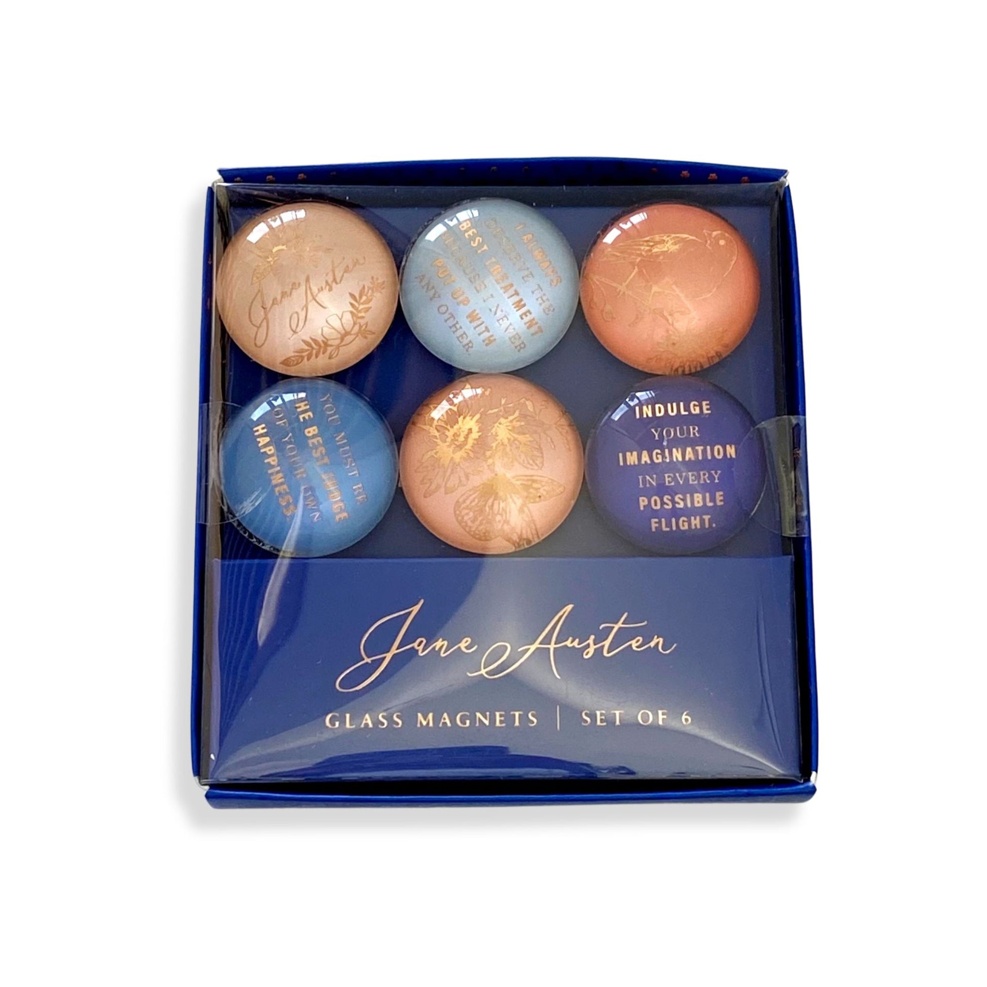 Jane Austen Magnet Set Blue and Coral Round