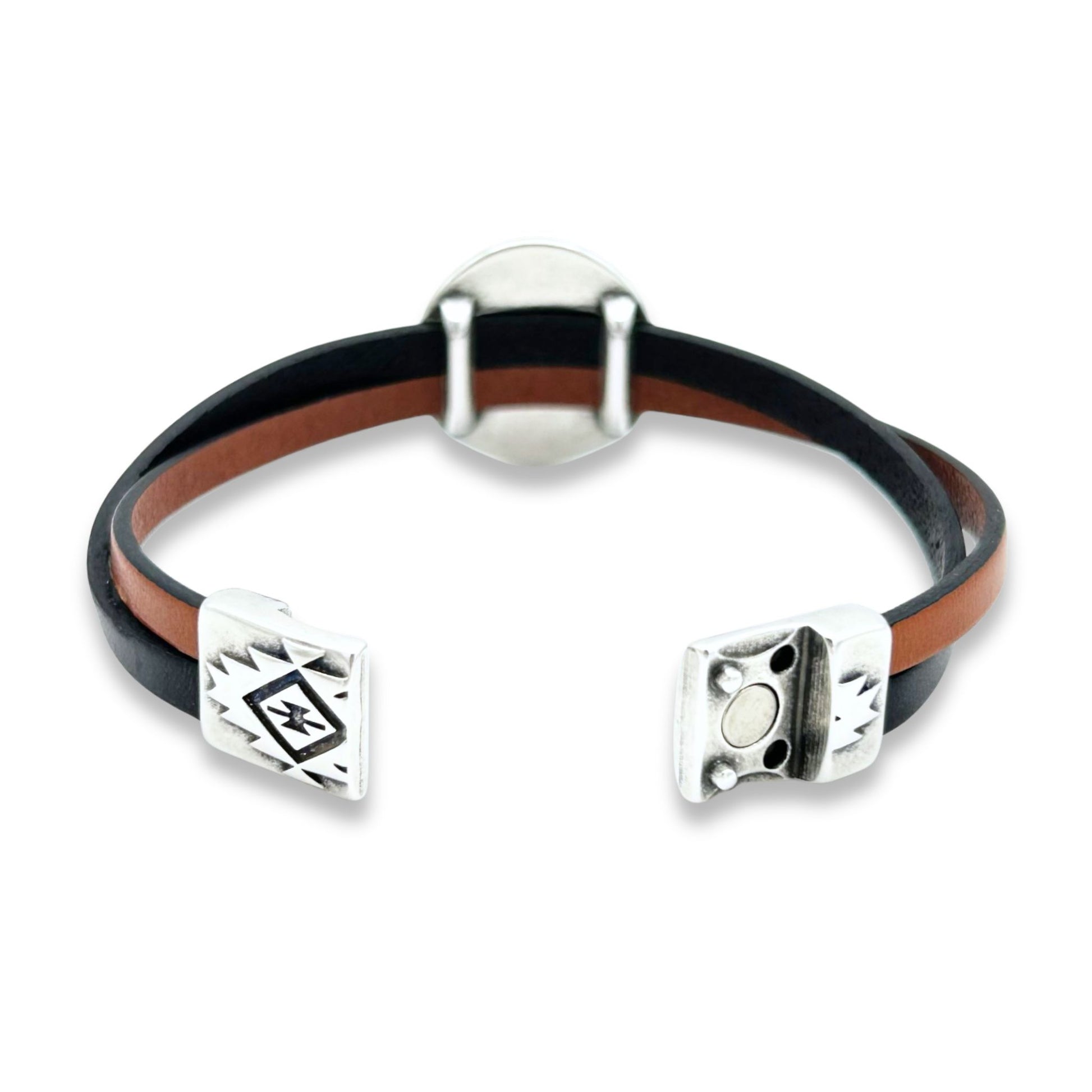 Leather Concho - Black and Brown Bracelet - Size Medium