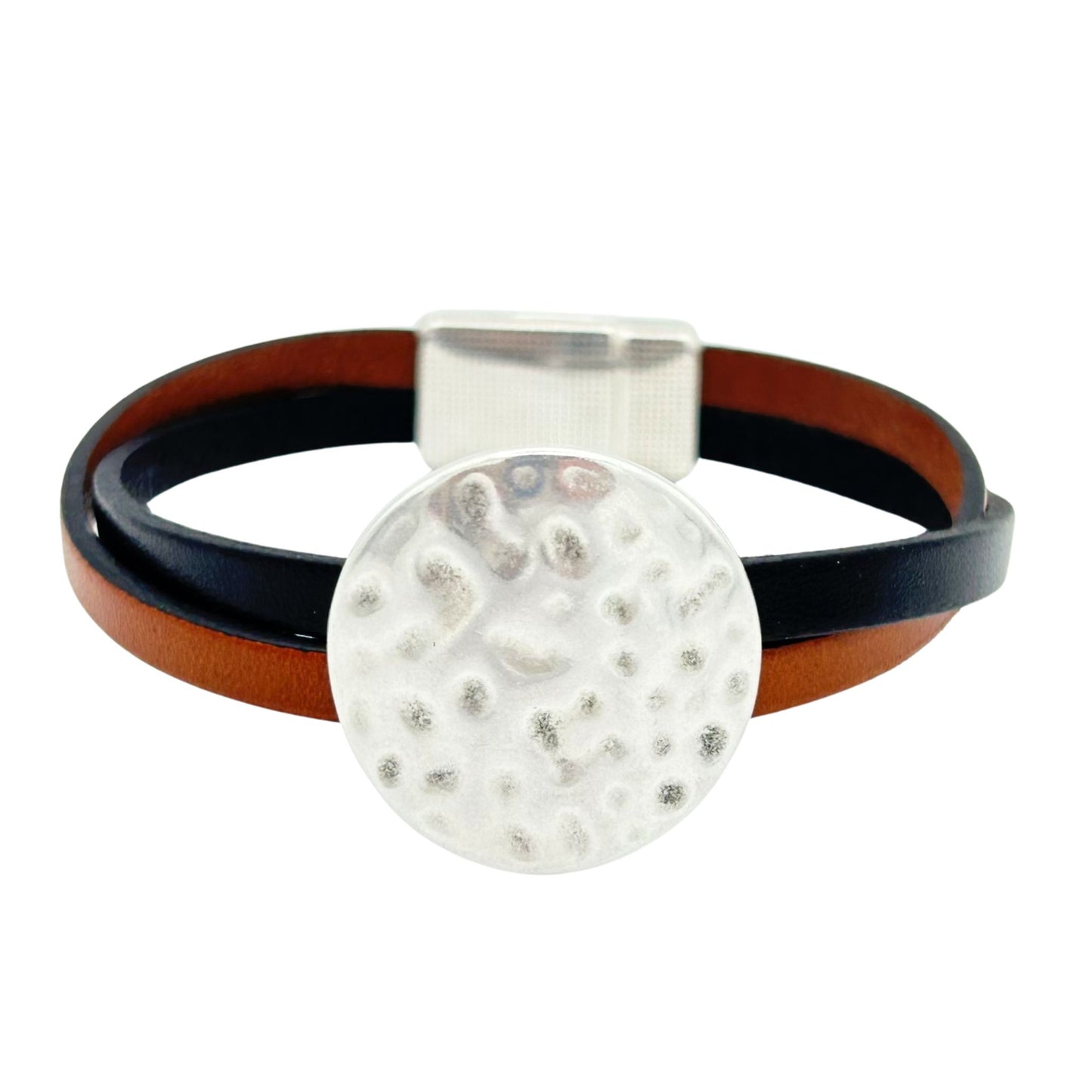 Leather Concho Bracelet with Silver Findings - Black Medium