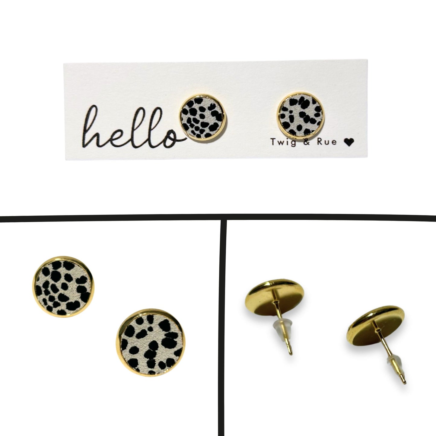 Leather Studs Earrings - Dalmation Black and White