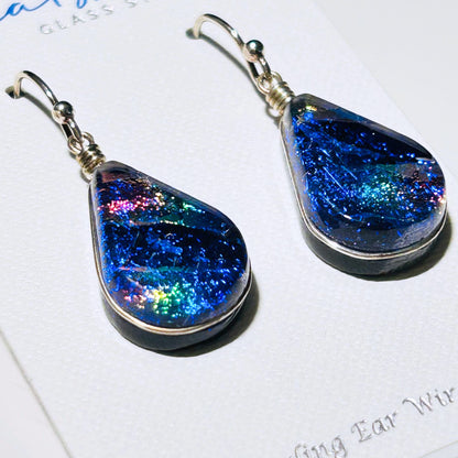 Lotus Earrings with Dichroic Glass Rainbow Blue