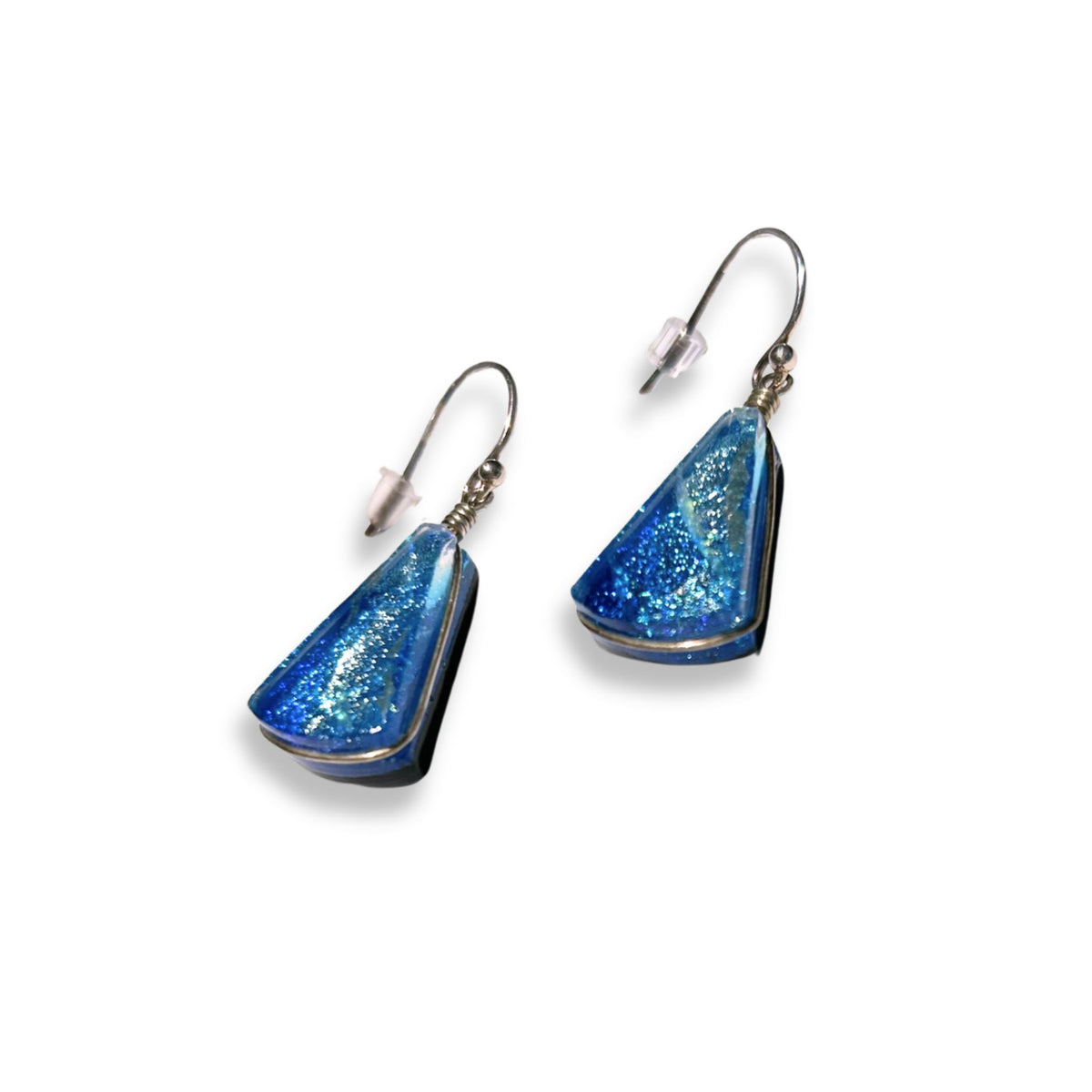 Mini Fan Earrings - Sea Blue Dichroic Glass