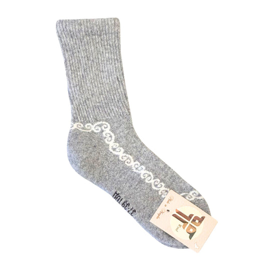 Mongolian Wool Socks - Gray with White Scrolls Large