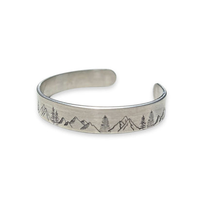 Mountain and Tree Handmade Stamped Silver cuff Bracelet