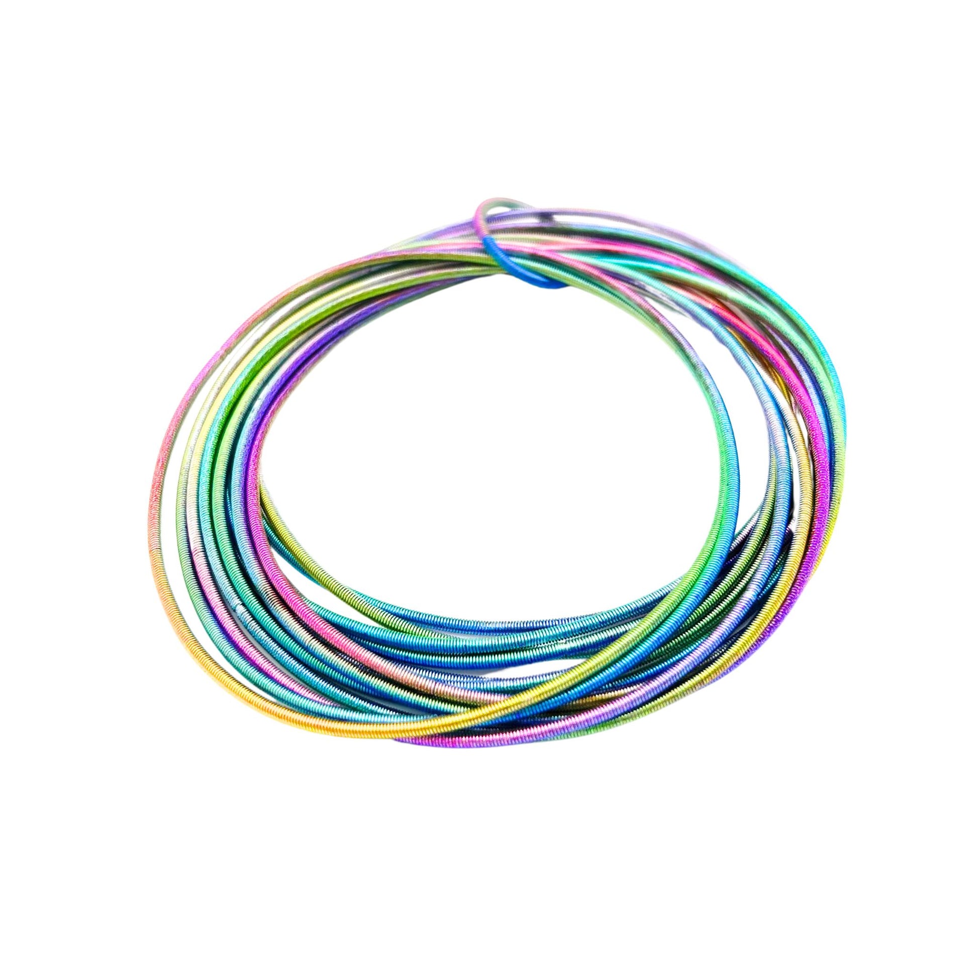 multicolored pink, purple, turquoise and yellow piano wire bracelet