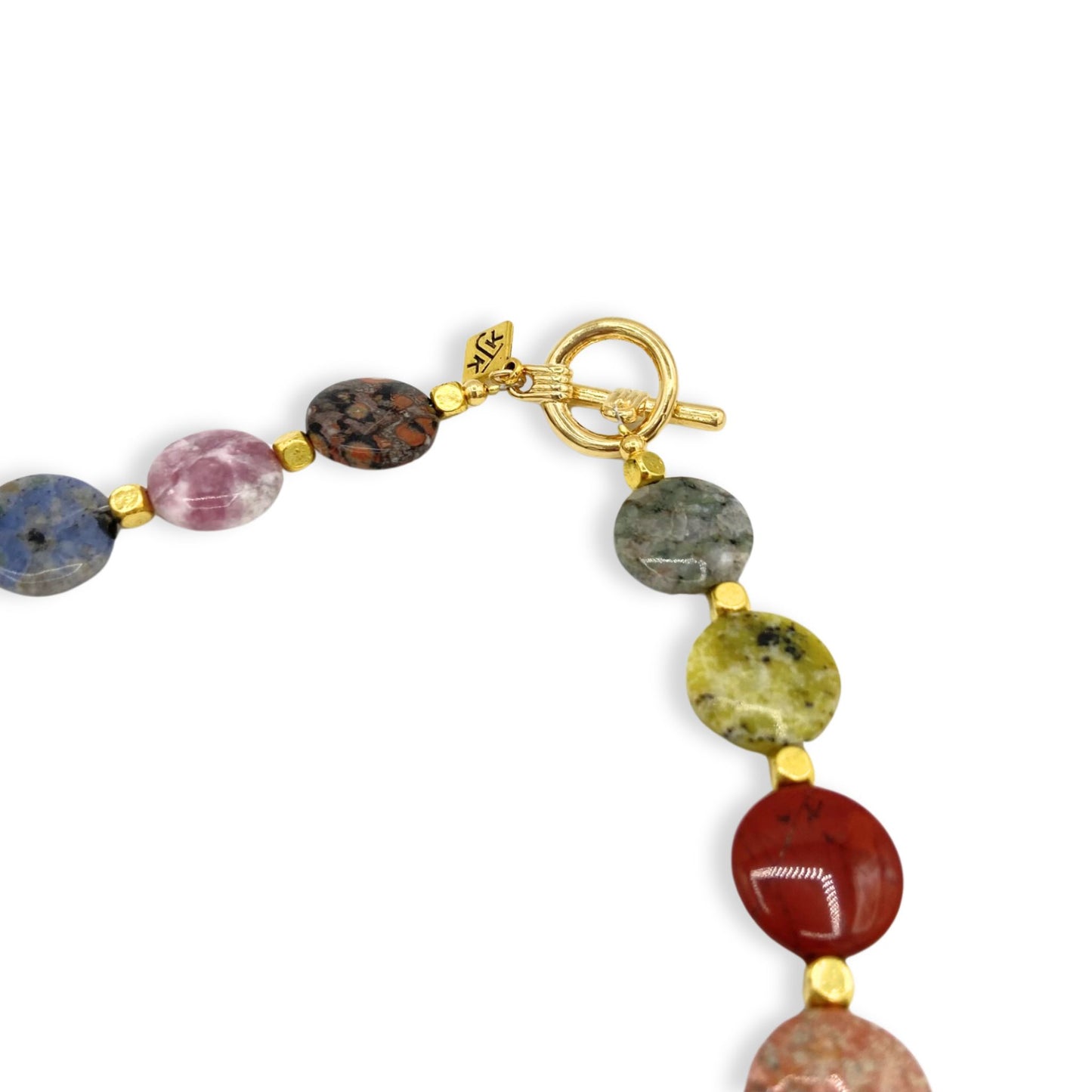 multi stone colorful stone necklace with gold accents