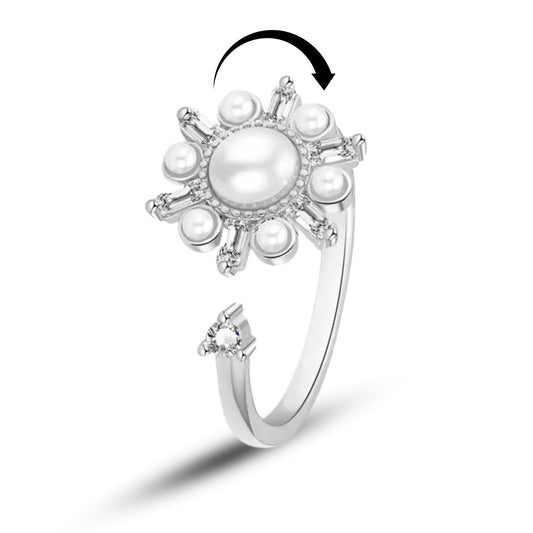 Pearl Flower - Silver Spinner Ring for Anxiety