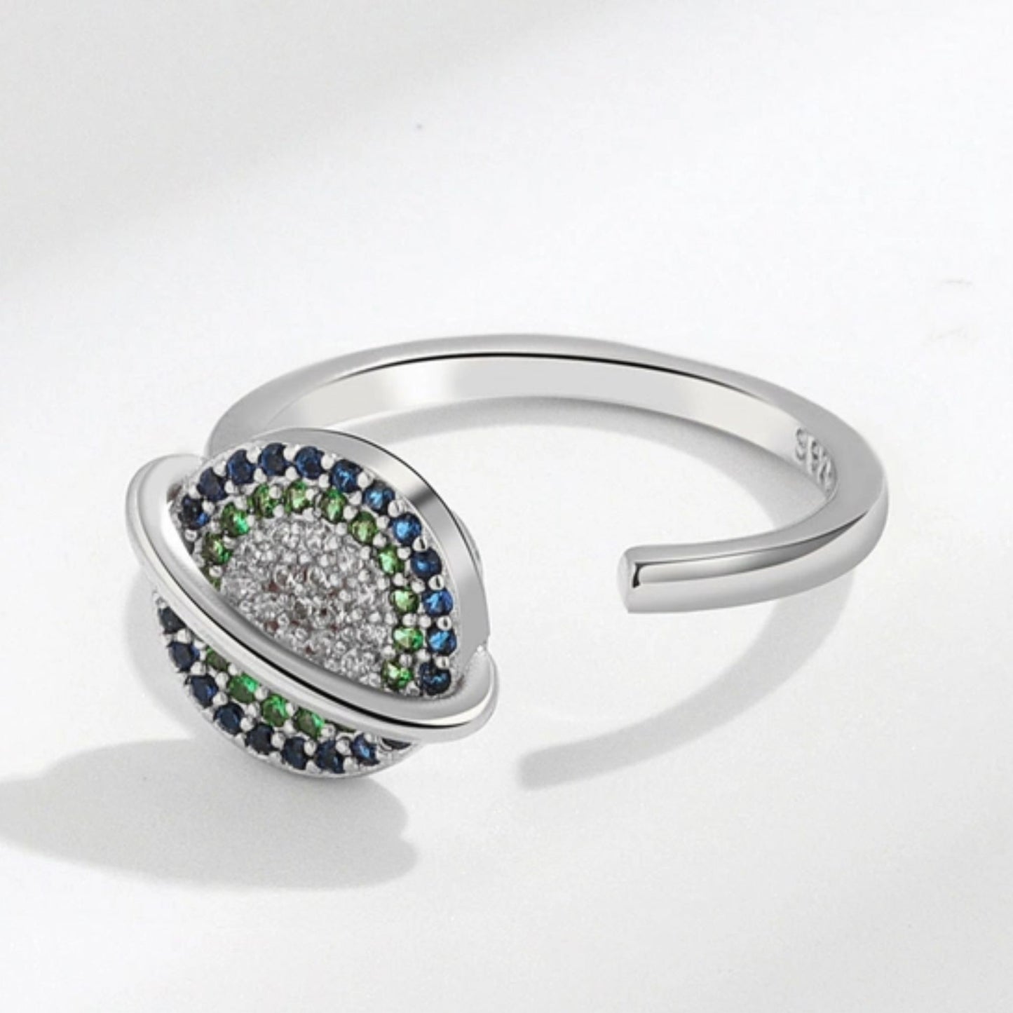 Saturn Anxiety Spinner Ring in Silver with Green and Blue Gems