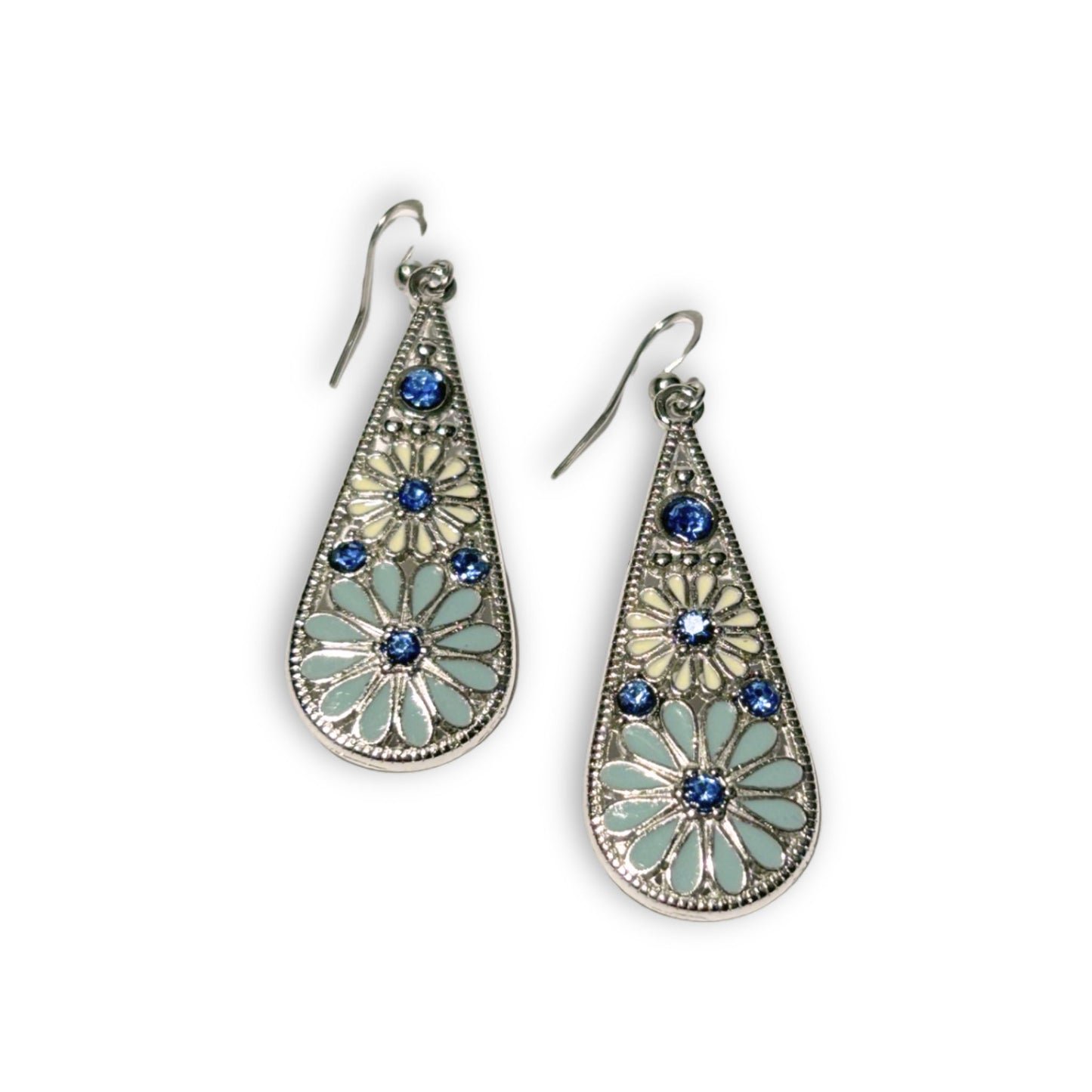 Silver Teardrop Boho Style Earrings in Blue