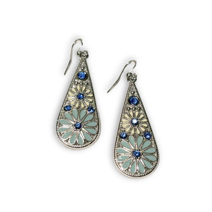Silver Teardrop Boho Style Earrings in Blue