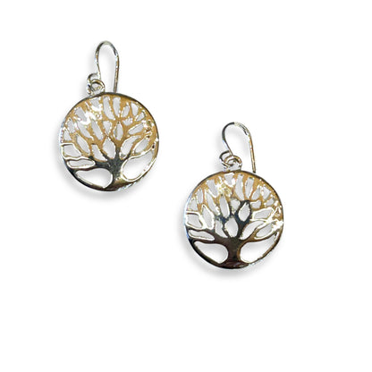 Silver Tree of Life Round Drop Style Earrings
