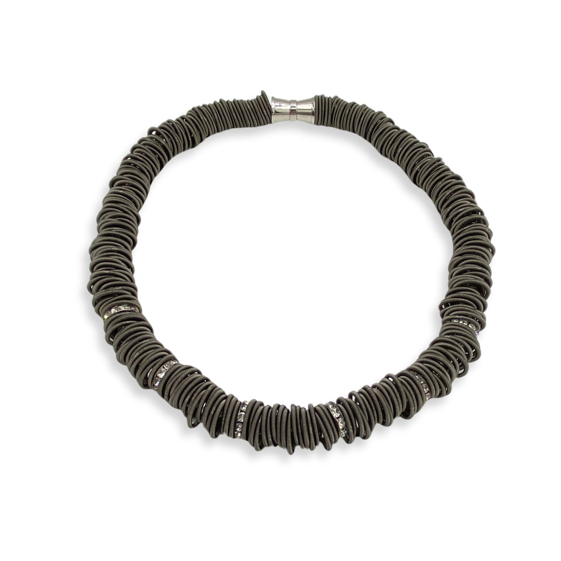 Slate Spring Ring Piano Wire Necklace with Crystal Beads