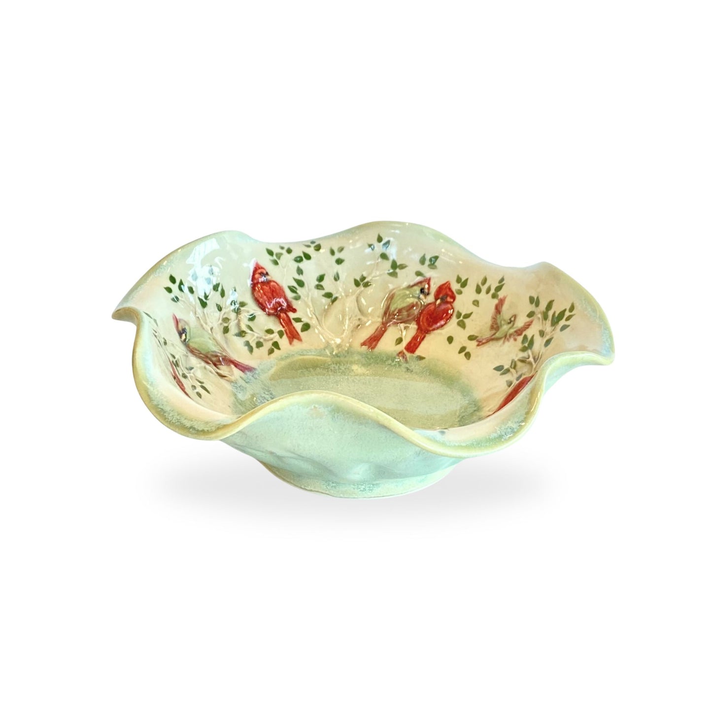 Small Light Green Fluted Bowl with red Cardinals