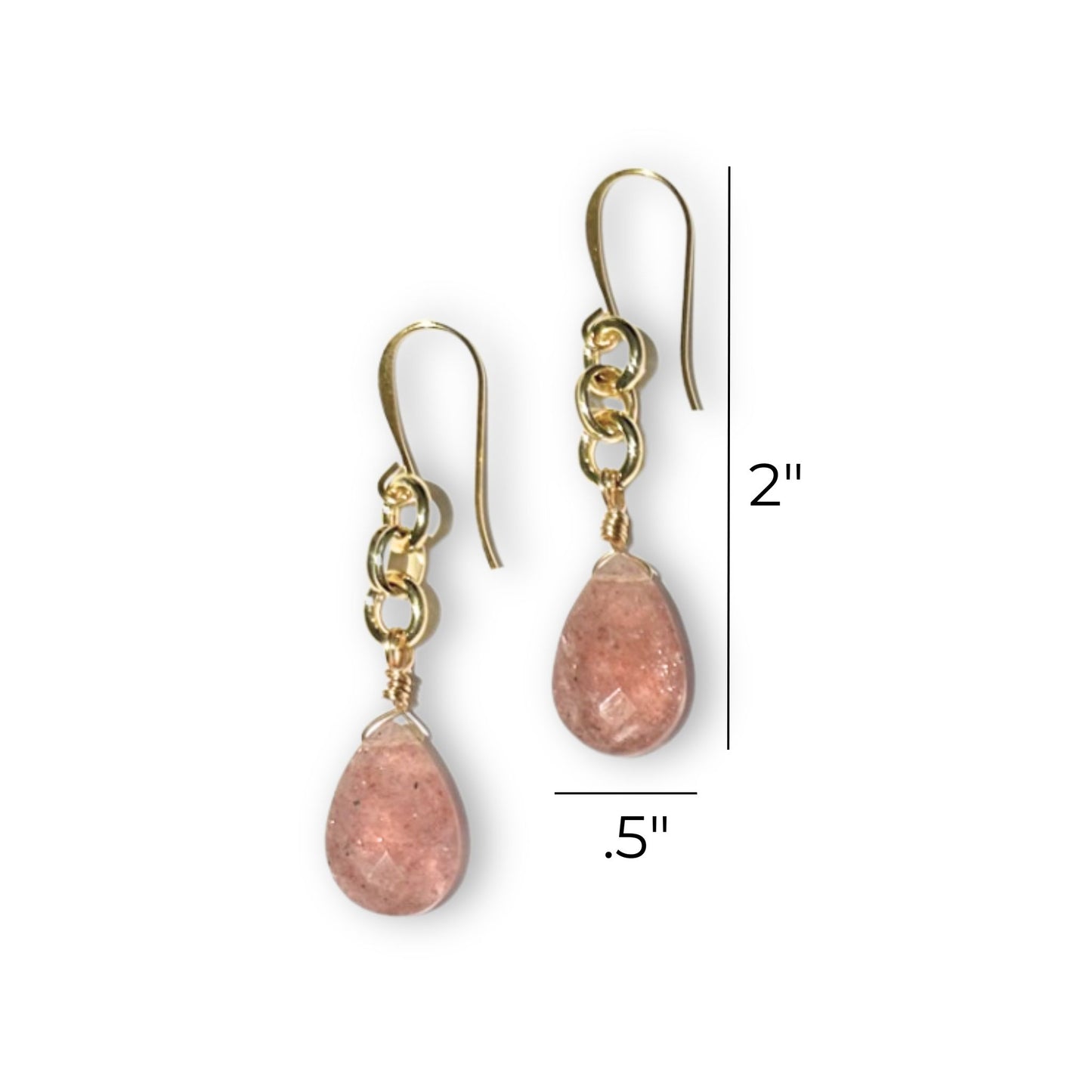 Soft Pink Drop Style Gold Earrings with Strawberry Quartz
