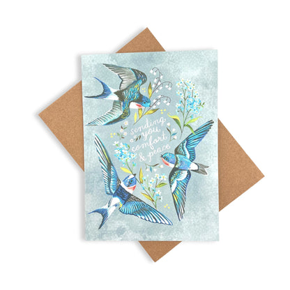 Swallows comfort and peace sympathy card with birds