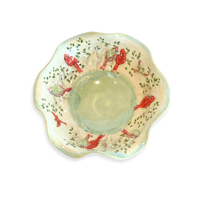 sage green wavy bowl with red cardinals